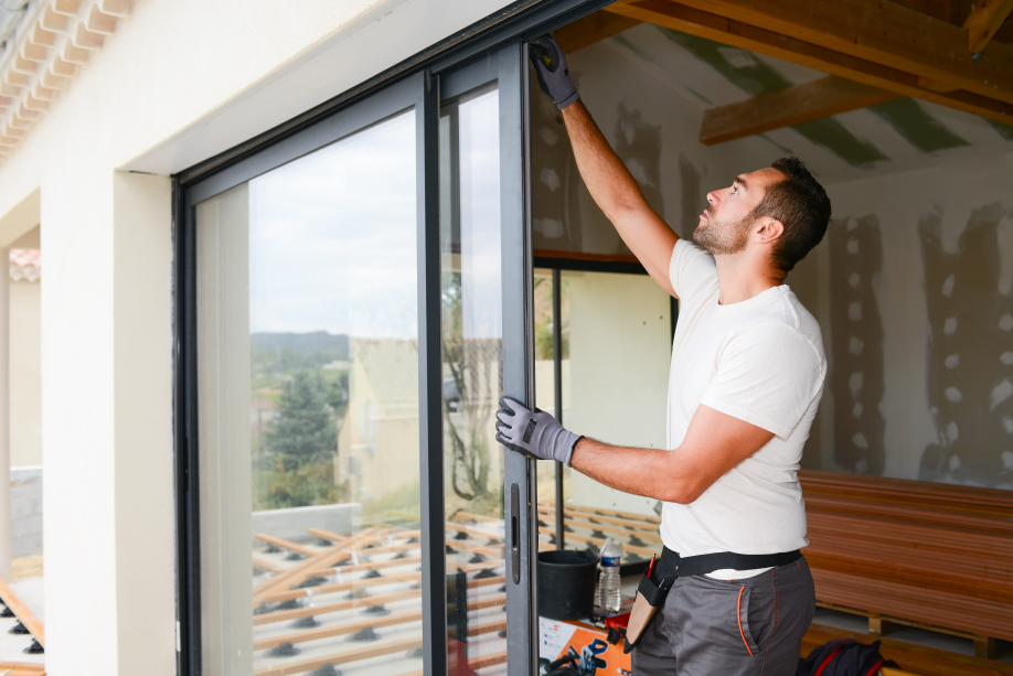 A man carefully installing a window, securing it with tools, focused on achieving a weatherproof seal.